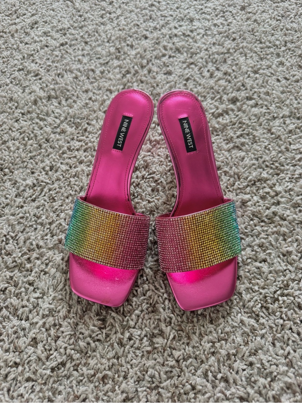 Nine West Hot Pink Slide Mules with Multicolor Crystal Band